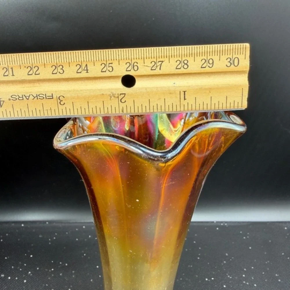 Vintage Marigold Carnival Glass‎ Iridescent Ruffled Trumpet Vase 8 Inch Sunburst